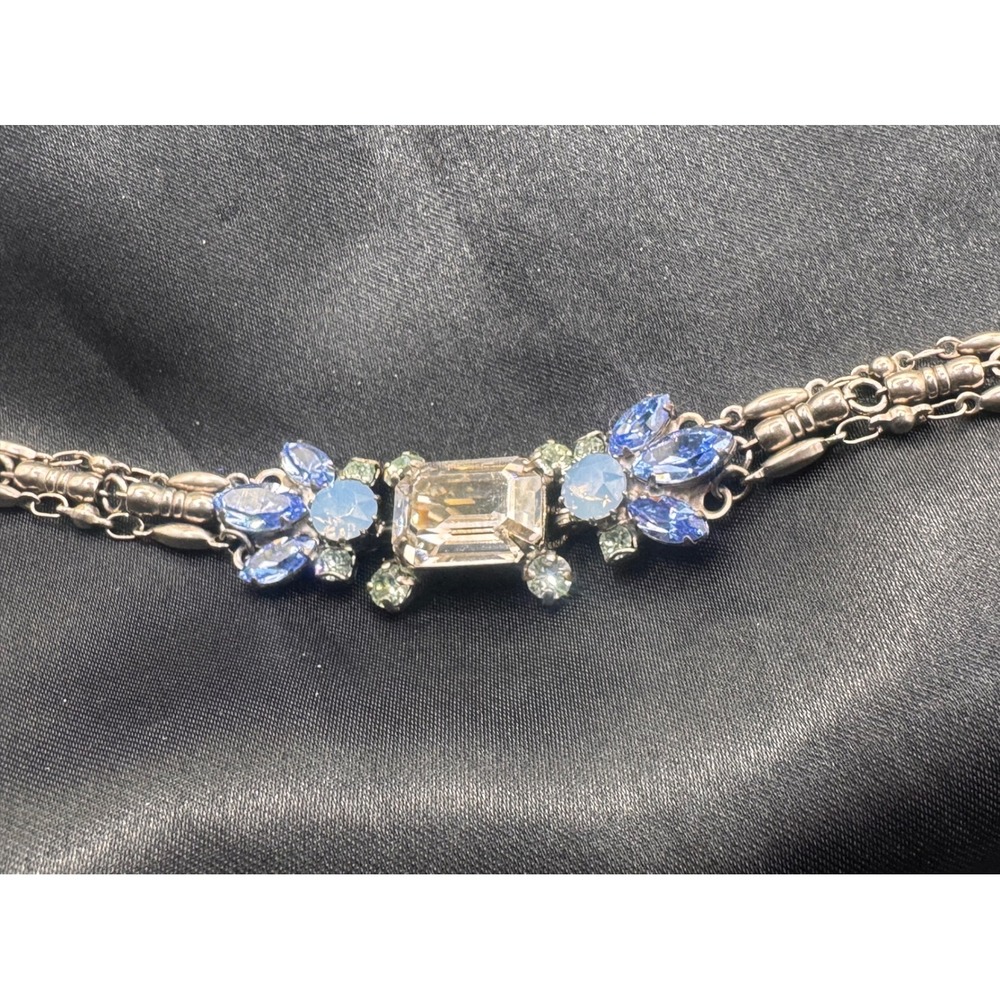 Sorrelli Blue Crystal Floral Statement Bracelet Antiqued Silver Tone Adjustable - Picture 8 of 9